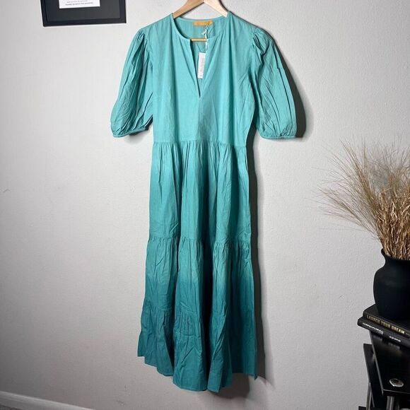 NEW Oliphant Dress Ombré Blue Green Puff Sleeve Maxi Dress Size S‎ - Picture 3 of 9